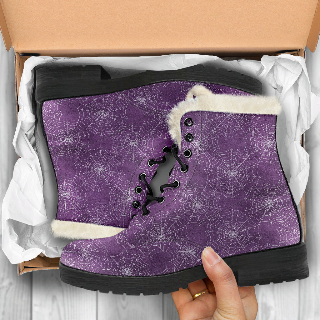 Spider Web Faux Fur Lined Purple Boots