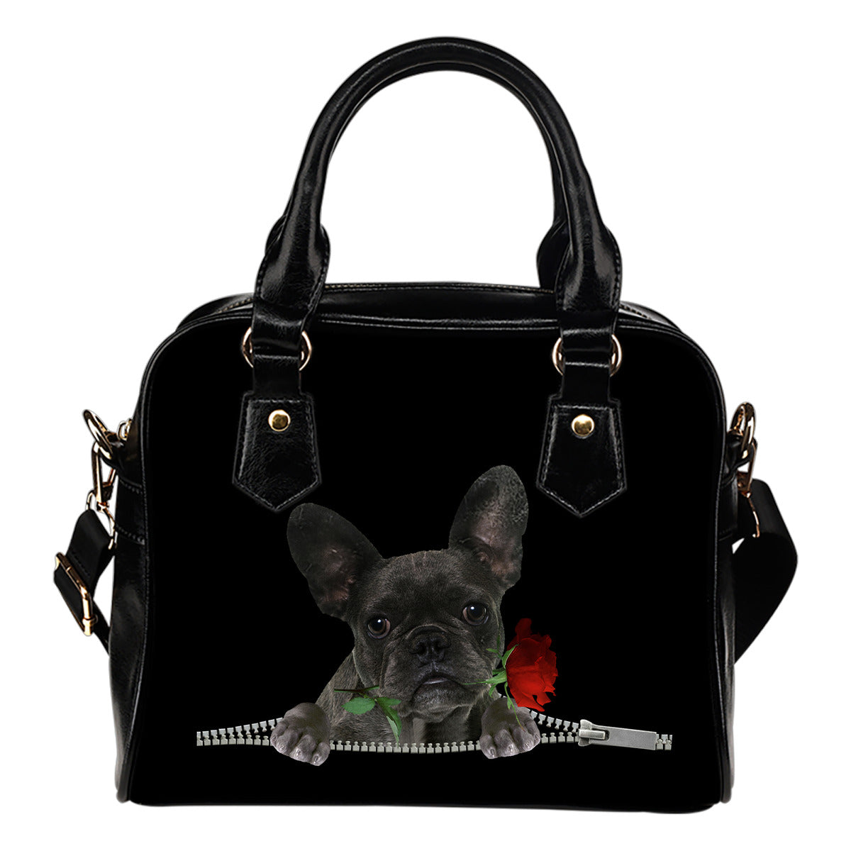 French Bulldog&Rosa 2 - Borsa con Manici e Tracolla -