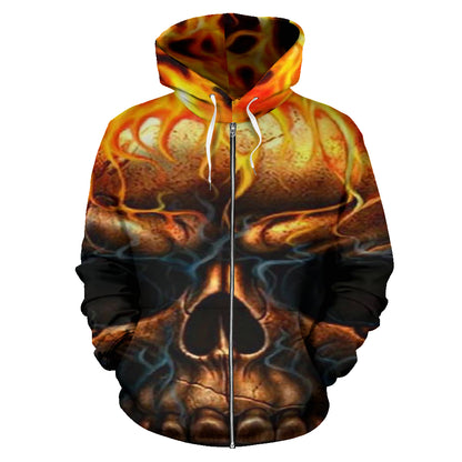Teschio e Fiamme - Felpa Unisex con Cappuccio e Zip -