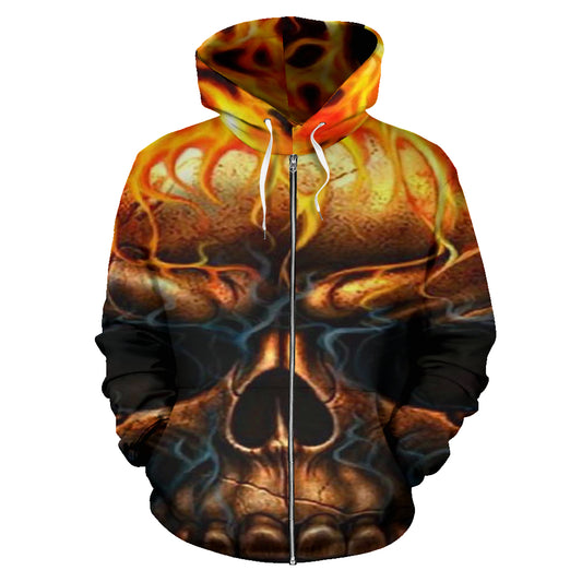 Teschio e Fiamme - Felpa Unisex con Cappuccio e Zip -