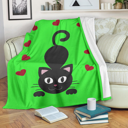 Gatto e Cuori - Coperta in Pile/Verde -